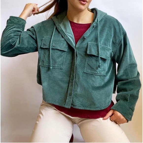 Womens American Eagle Corduroy Button Down Drawstring Crop Hoodie Top - Picture 1 of 6